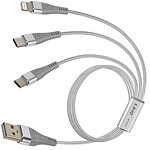 LinQ Câble 3 en 1 vers USB-C MicroUSB et Lightning 70 cm Nylon Tressé Argent