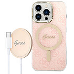 Guess Pack MagSafe pour iPhone 14 Pro Coque Motif et Chargeur MagSafe 15W Rose