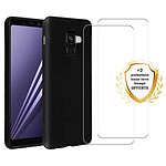 Evetane Coque Samsung Galaxy A8 2018 Silicone liquide Noire + 2 Vitres en Verre trempé Protection écran Antichocs