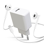 Avizar Pack Chargeur Secteur USB 2.1A et Écouteurs Filaires USB-C Blanc