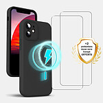 Evetane Coque iPhone 12 Mini + 2 Vitres en Verre Trempé Noire Silicone liquide Compatible MagSafe