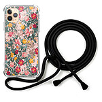 LaCoqueFrançaise Coque cordon iPhone 11 Pro noir Dessin Fleurs Beige et Rose