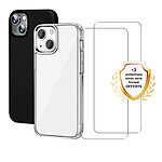 Evetane Lot de 2 Coques iPhone 13 transparente Motif et Noire Antichoc Silicone + 2 Vitres en verre trempé Protection écran