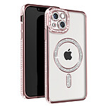 Avizar Coque Diamant pour iPhone 14 Protection MagSafe Contour Strass Rose Champagne