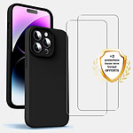 Evetane Coque iPhone 15 Pro Silicone liquide Noire + 2 Vitres en Verre trempé Protection écran Antichocs