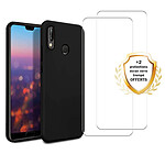 Evetane Coque Huawei P30 Lite/ P30 Lite XL Silicone Liquide Noire + 2 Vitres en Verre Trempé Protection écran