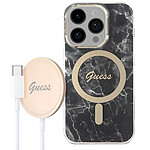 Guess Pack pour iPhone 14 Pro Coque Marbre et Chargeur MagSafe 15W Noir