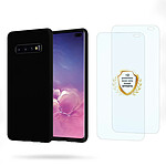 Evetane Coque Samsung Galaxy S10 Plus Noire Silicone liquide + 2 Vitres en Verre trempé Protection écran Antichocs