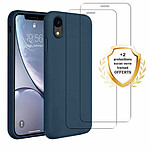 Evetane Coque iPhone XR Silicone liquide Bleu Marine + 2 Vitres en Verre trempé Protection écran Antichocs