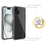 Evetane Coque iPhone 15 Antichoc Silicone bords renforcés + 2 Vitres en verre trempé Protection écran