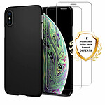 Evetane Coque iPhone X/XS Silicone liquide Noire + 2 Vitres en Verre trempé Protection écran Antichocs