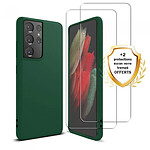 Evetane Coque Samsung Galaxy S21 Ultra 5G Silicone liquide Vert Foret + 2 Vitres en Verre trempé Protection écran Antichocs