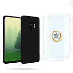 Evetane Coque Samsung Galaxy S9 Noire Silicone liquide + 2 Vitres en Verre trempé Protection écran Antichocs