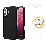 Evetane Coque iPhone 16 Silicone liquide Noire + 2 Vitres en Verre trempe Protection ecran Antichocs