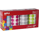 APLI Pack 4 rouleaux de 1770 Gommettes Rondes Ø 20 mm bleu clair/fuchsia/gris/vert clair