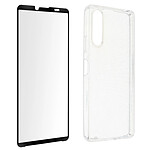 Avizar Coque pour Sony Xperia 10 IV Silicone Souple et Film Verre Trempé 9H  transparent contour noir