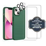 Evetane Coque iPhone 13 Vert Foret Silicone Liquide + 2 Protections écran et 2 protections Objectif Caméra