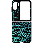 Avizar Coque Cuir pour Oppo Find N2 Flip Effet Croco Deux Pièces Bords Surélevés Bleu Turquoise