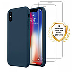 Evetane Coque iPhone X/XS Silicone liquide Bleu Marine + 2 Vitres en Verre trempé Protection écran Antichocs