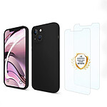 Evetane Coque iPhone 13 Silicone liquide Noire + 2 Vitres en Verre trempé Protection écran Antichocs