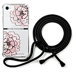 LaCoqueFrançaise Coque cordon iPhone 7/8/ iPhone SE 2020 noir Dessin Rose Pivoine