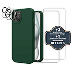 Evetane Coque iPhone 15 Vert Foret Silicone Liquide + 2 Protections écran et 2 protections Objectif Caméra