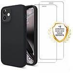 Evetane Coque iPhone 12 Mini Silicone liquide Noire + 2 Vitres en Verre trempé Protection écran Antichocs