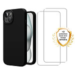 Evetane Coque iPhone 15 Silicone liquide Noire + 2 Vitres en Verre trempé Protection écran Antichocs