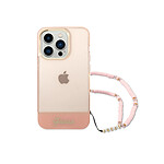 Guess Coque pour Apple iPhone 14 Pro Colors avec lanière perlée Rose