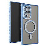 Avizar Coque Diamant pour Samsung Galaxy S24 Ultra MagSafe Contour Strass Bleu Clair