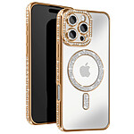 Avizar Coque Diamant pour iiPhone 16 Pro Max MagSafe Contour Strass Dorée