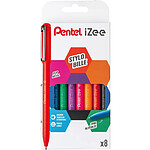 PENTEL Pochette de 8 stylos bille à capuchon IZEE, BX460 : 1 Noir, 1 x Bleu, 1 x Bleu Ciel, 1 x Vert, 1 x Violet, 1 x Rouge, 1 x Orange, 1 x Rose