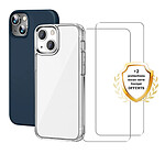 Evetane Lot de 2 Coques iPhone 13 transparente Motif et Bleue Antichoc Silicone + 2 Vitres en verre trempé Protection écran