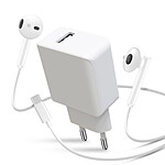 Avizar Pack Chargeur Secteur USB 2.1A et Écouteurs Filaires USB-C  Blanc