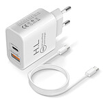 Avizar Chargeur Secteur USB / USB-C 18W Power Delivery Q.C 3.0 Câble USB-C Blanc