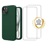 Evetane Coque iPhone 15 Silicone liquide Verte + 2 Vitres en Verre trempé Protection écran Antichocs