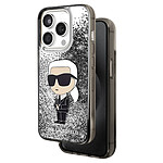 Karl Lagerfeld Coque pour Apple iPhone 15 Pro Glitter Ikonik Paillettes flottantes Argent