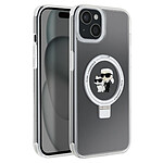 Karl Lagerfeld Coque Magsafe pour Apple iPhone 15 Plus TPU Ring Stand Karl et Choupette Transparent