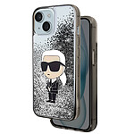 Karl Lagerfeld Coque pour Apple iPhone 15 Plus Glitter Ikonik Paillettes flottantes Argent