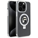 Karl Lagerfeld Coque Magsafe pour Apple iPhone 15 Pro TPU Ring Stand Karl et Choupette Transparent