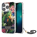 Guess Coque pour Apple iPhone 13 Pro Flowers avec lanière nylon Vert