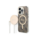 Guess Bundle Coque pour iPhone 14 Pro Magsafe 4G et Chargeur Sans Fil Qi Magsafe 15W Marron