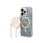 Guess Bundle Coque pour iPhone 14 Pro Magsafe 4G et Chargeur Sans Fil Qi Magsafe 15W Bleu