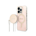 Guess Bundle Coque pour iPhone 14 Pro Magsafe 4G et Chargeur Sans Fil Qi Magsafe 15W Rose