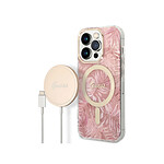 Guess Bundle Coque pour iPhone 14 Pro Max Motif Jungle et Chargeur Sans Fil Qi MagSafe Rose