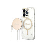 Guess Bundle Coque pour iPhone 14 Pro Max Motif Marbré et Chargeur Sans Fil Qi Magsafe Blanc