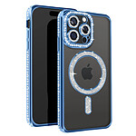 Avizar Coque Diamant pour iPhone 15 Pro Max Protection MagSafe Contour Strass Bleu Clair