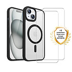 Evetane Coque iPhone 15 transparente Motif Compatible Magsafe Contour Noir + 2 Vitres Protection ecran