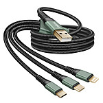 Inkax Câble USB 3 en 1 vers USB-C / Micro-USB / Lightning Tressé 1.2m Noir