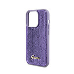 Guess Coque pour iPhone 15 Pro Max avec Paillettes et Logo en Métal Violet